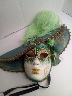 Original Venezia Hand Painted Mask Italy Masquerade Green Hat Feather